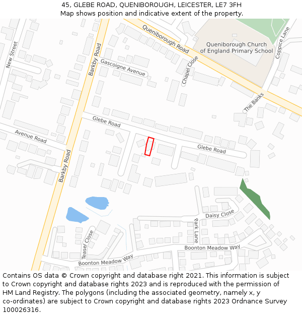 45, GLEBE ROAD, QUENIBOROUGH, LEICESTER, LE7 3FH: Location map and indicative extent of plot