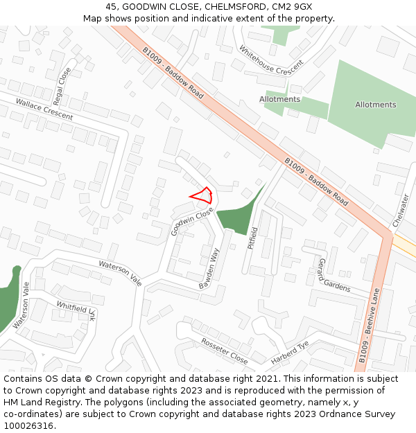 45, GOODWIN CLOSE, CHELMSFORD, CM2 9GX: Location map and indicative extent of plot