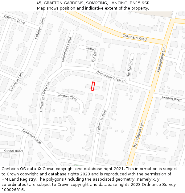 45, GRAFTON GARDENS, SOMPTING, LANCING, BN15 9SP: Location map and indicative extent of plot