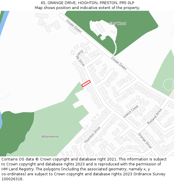 45, GRANGE DRIVE, HOGHTON, PRESTON, PR5 0LP: Location map and indicative extent of plot