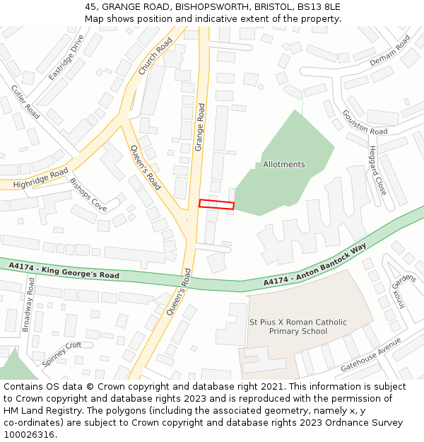 45, GRANGE ROAD, BISHOPSWORTH, BRISTOL, BS13 8LE: Location map and indicative extent of plot