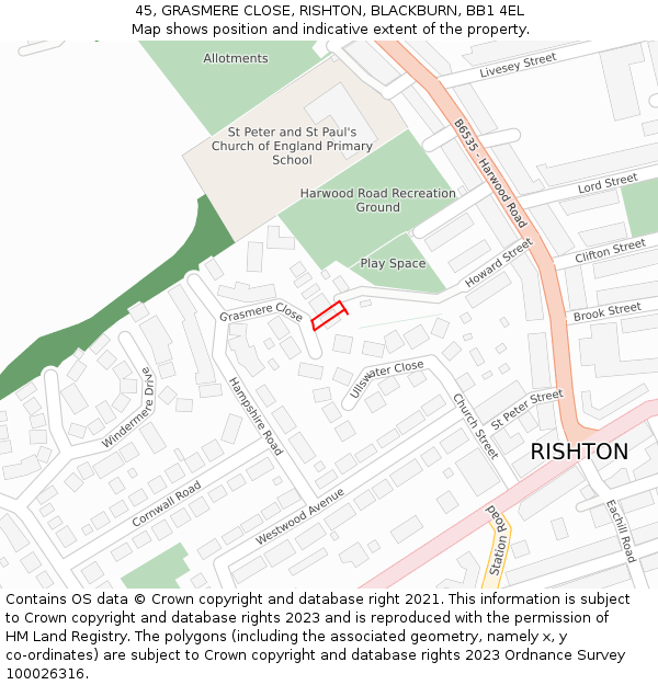 45, GRASMERE CLOSE, RISHTON, BLACKBURN, BB1 4EL: Location map and indicative extent of plot