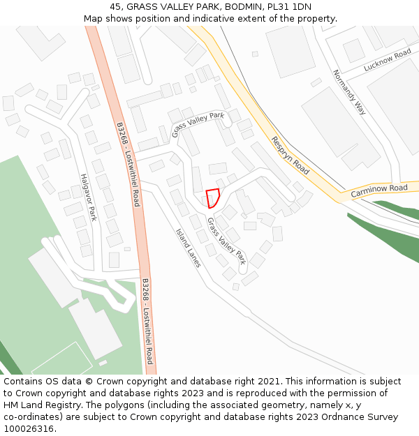 45, GRASS VALLEY PARK, BODMIN, PL31 1DN: Location map and indicative extent of plot