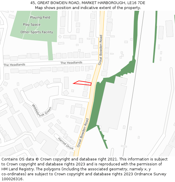 45, GREAT BOWDEN ROAD, MARKET HARBOROUGH, LE16 7DE: Location map and indicative extent of plot