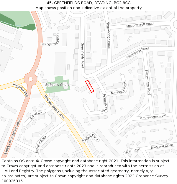 45, GREENFIELDS ROAD, READING, RG2 8SG: Location map and indicative extent of plot