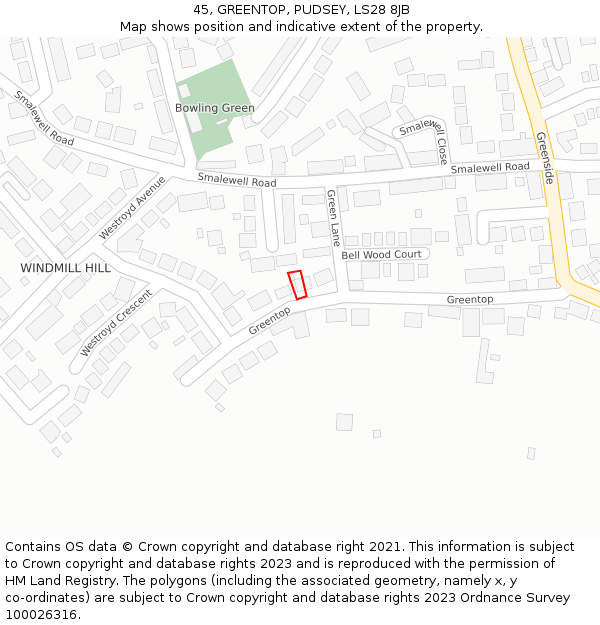 45, GREENTOP, PUDSEY, LS28 8JB: Location map and indicative extent of plot