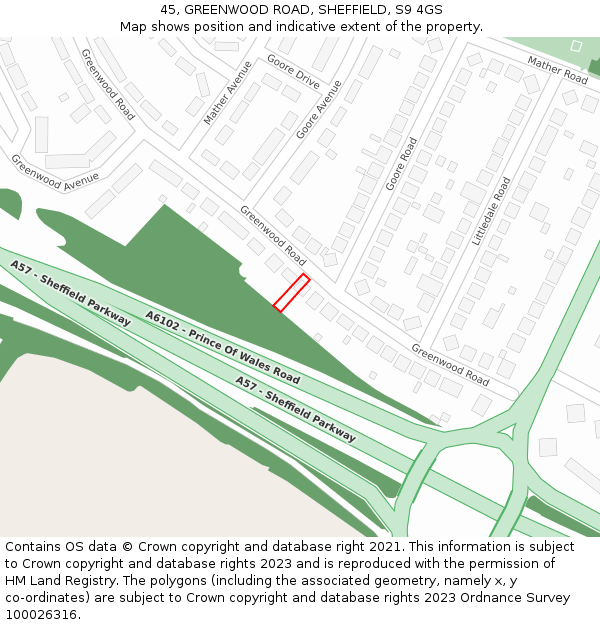 45, GREENWOOD ROAD, SHEFFIELD, S9 4GS: Location map and indicative extent of plot