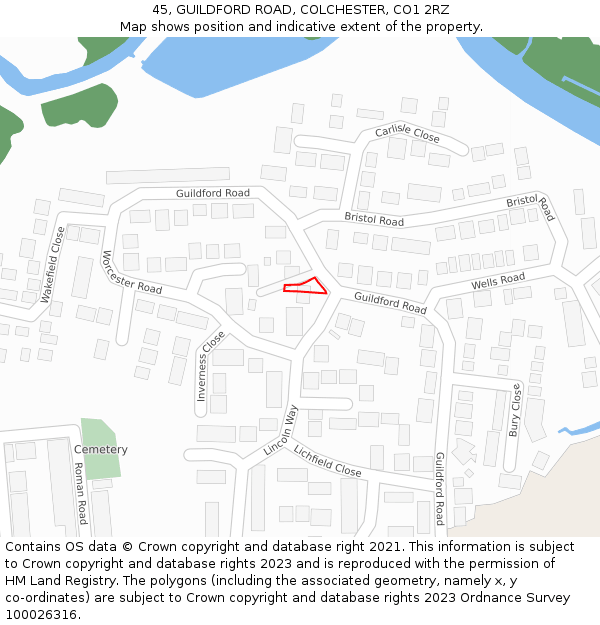 45, GUILDFORD ROAD, COLCHESTER, CO1 2RZ: Location map and indicative extent of plot