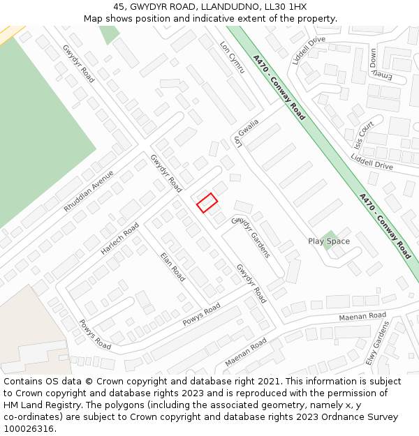 45, GWYDYR ROAD, LLANDUDNO, LL30 1HX: Location map and indicative extent of plot