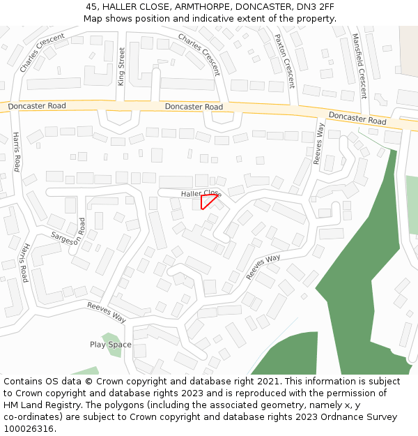45, HALLER CLOSE, ARMTHORPE, DONCASTER, DN3 2FF: Location map and indicative extent of plot