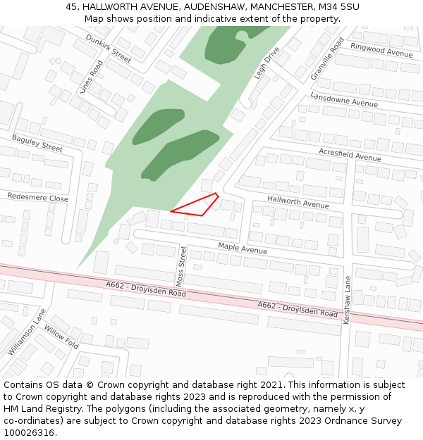45, HALLWORTH AVENUE, AUDENSHAW, MANCHESTER, M34 5SU: Location map and indicative extent of plot