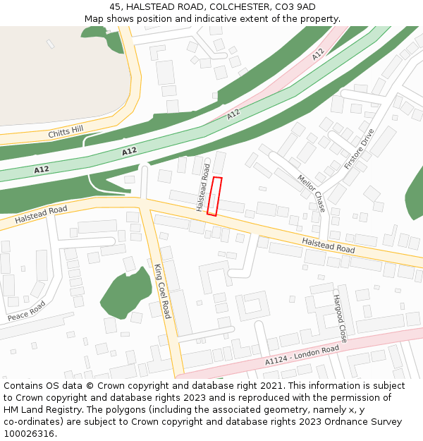45, HALSTEAD ROAD, COLCHESTER, CO3 9AD: Location map and indicative extent of plot