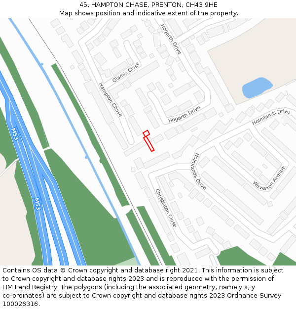 45, HAMPTON CHASE, PRENTON, CH43 9HE: Location map and indicative extent of plot