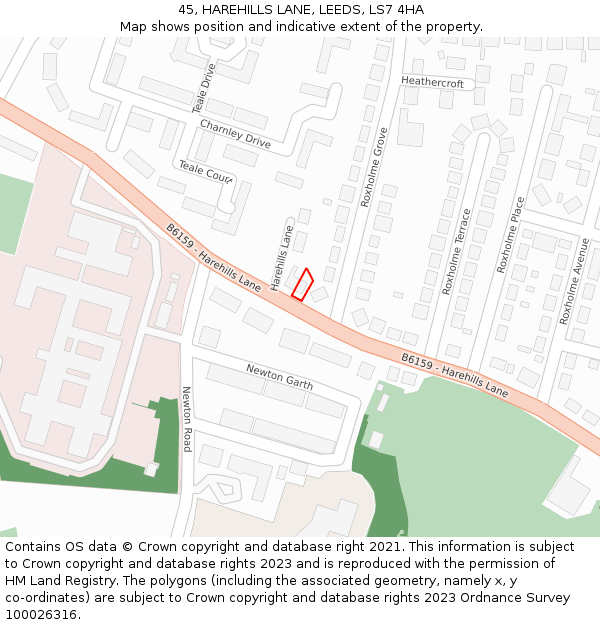 45, HAREHILLS LANE, LEEDS, LS7 4HA: Location map and indicative extent of plot