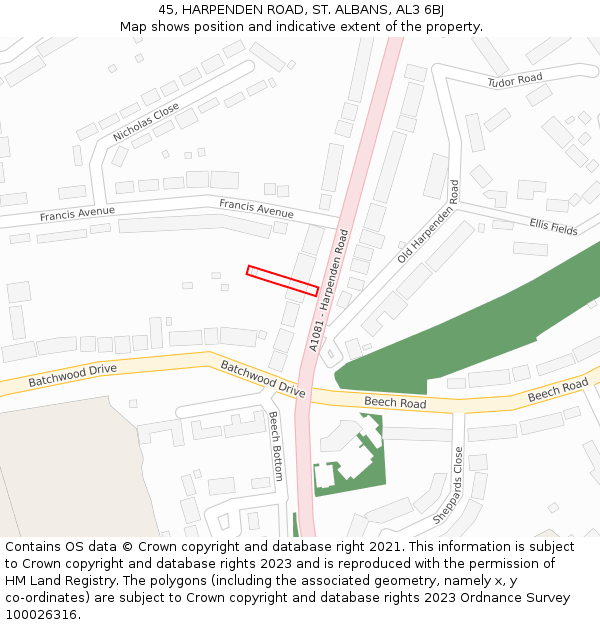 45, HARPENDEN ROAD, ST. ALBANS, AL3 6BJ: Location map and indicative extent of plot