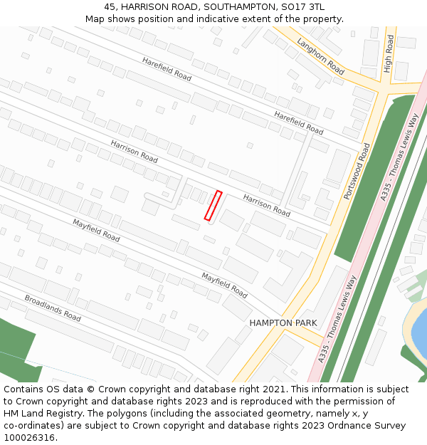 45, HARRISON ROAD, SOUTHAMPTON, SO17 3TL: Location map and indicative extent of plot
