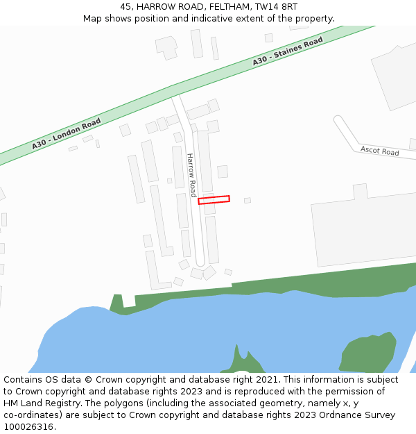 45, HARROW ROAD, FELTHAM, TW14 8RT: Location map and indicative extent of plot