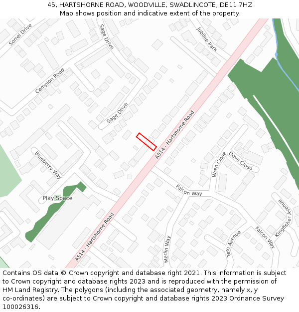 45, HARTSHORNE ROAD, WOODVILLE, SWADLINCOTE, DE11 7HZ: Location map and indicative extent of plot