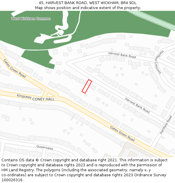 45, HARVEST BANK ROAD, WEST WICKHAM, BR4 9DL: Location map and indicative extent of plot