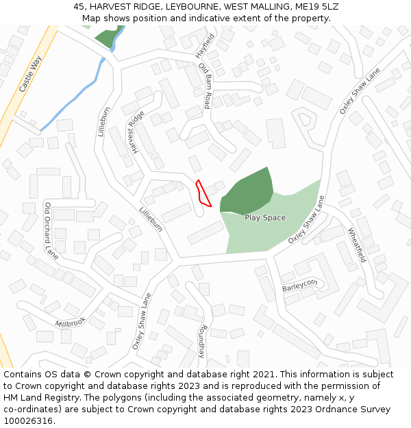 45, HARVEST RIDGE, LEYBOURNE, WEST MALLING, ME19 5LZ: Location map and indicative extent of plot