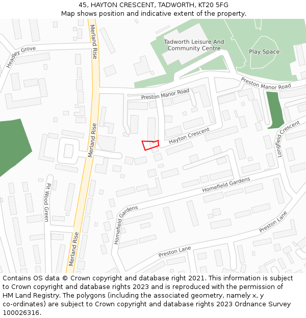 45, HAYTON CRESCENT, TADWORTH, KT20 5FG: Location map and indicative extent of plot