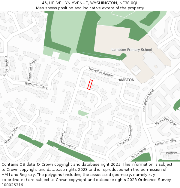 45, HELVELLYN AVENUE, WASHINGTON, NE38 0QL: Location map and indicative extent of plot