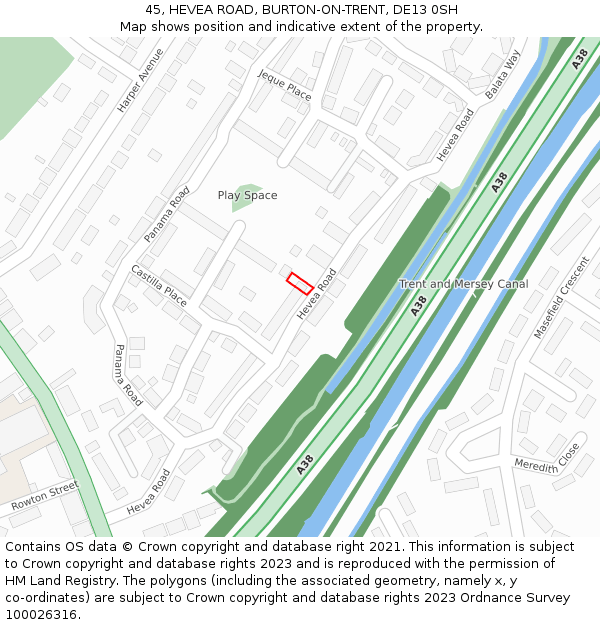 45, HEVEA ROAD, BURTON-ON-TRENT, DE13 0SH: Location map and indicative extent of plot