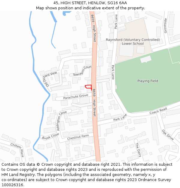 45, HIGH STREET, HENLOW, SG16 6AA: Location map and indicative extent of plot