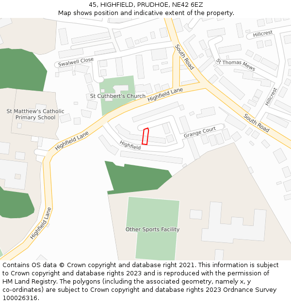 45, HIGHFIELD, PRUDHOE, NE42 6EZ: Location map and indicative extent of plot