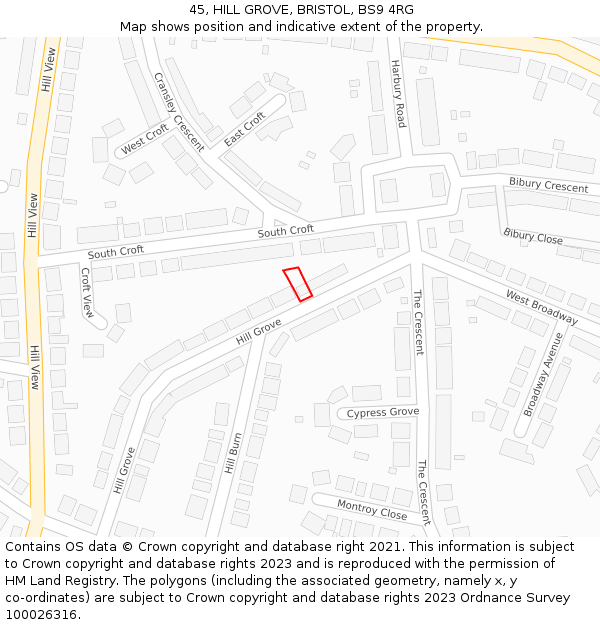 45, HILL GROVE, BRISTOL, BS9 4RG: Location map and indicative extent of plot
