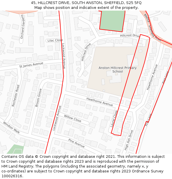 45, HILLCREST DRIVE, SOUTH ANSTON, SHEFFIELD, S25 5FQ: Location map and indicative extent of plot