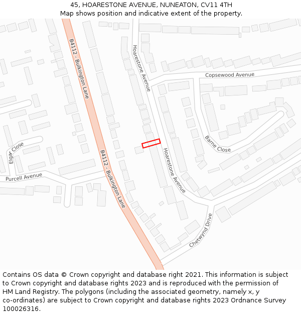 45, HOARESTONE AVENUE, NUNEATON, CV11 4TH: Location map and indicative extent of plot