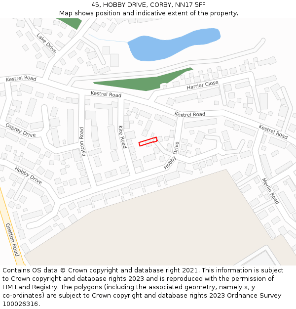 45, HOBBY DRIVE, CORBY, NN17 5FF: Location map and indicative extent of plot