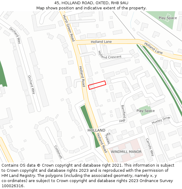 45, HOLLAND ROAD, OXTED, RH8 9AU: Location map and indicative extent of plot