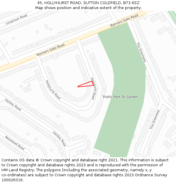 45, HOLLYHURST ROAD, SUTTON COLDFIELD, B73 6SZ: Location map and indicative extent of plot