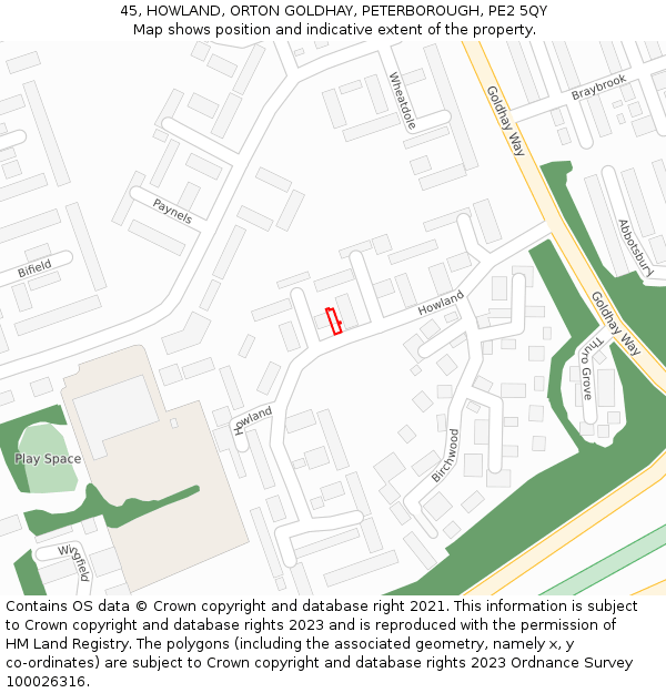 45, HOWLAND, ORTON GOLDHAY, PETERBOROUGH, PE2 5QY: Location map and indicative extent of plot