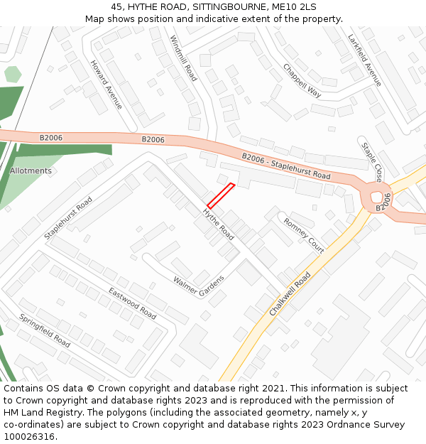45, HYTHE ROAD, SITTINGBOURNE, ME10 2LS: Location map and indicative extent of plot