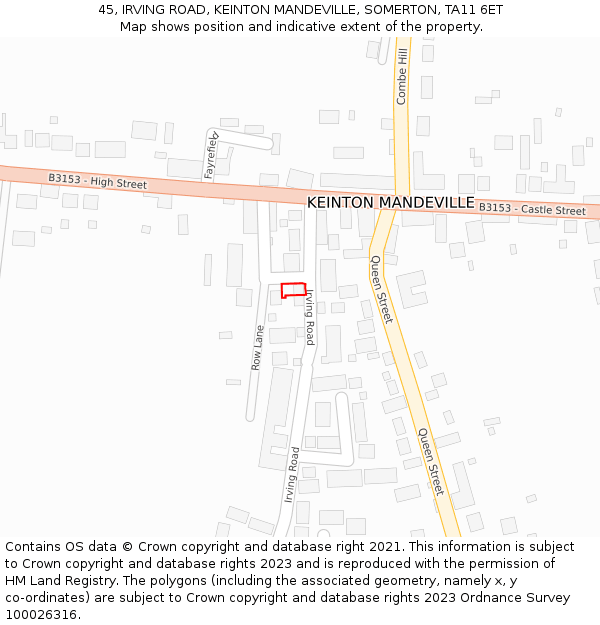 45, IRVING ROAD, KEINTON MANDEVILLE, SOMERTON, TA11 6ET: Location map and indicative extent of plot