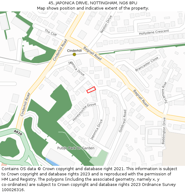 45, JAPONICA DRIVE, NOTTINGHAM, NG6 8PU: Location map and indicative extent of plot