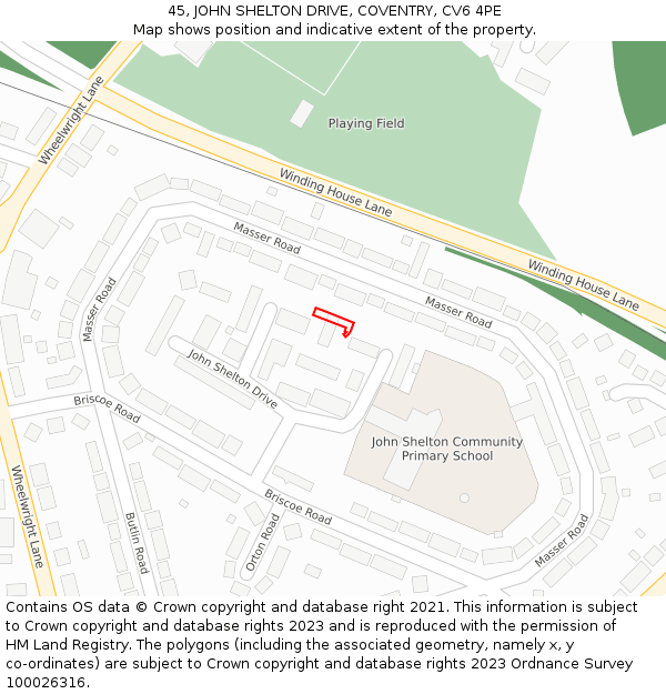 45, JOHN SHELTON DRIVE, COVENTRY, CV6 4PE: Location map and indicative extent of plot