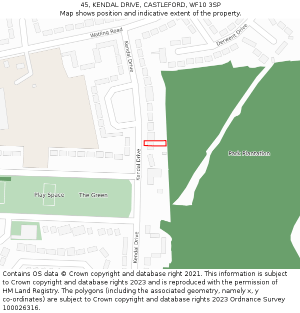 45, KENDAL DRIVE, CASTLEFORD, WF10 3SP: Location map and indicative extent of plot