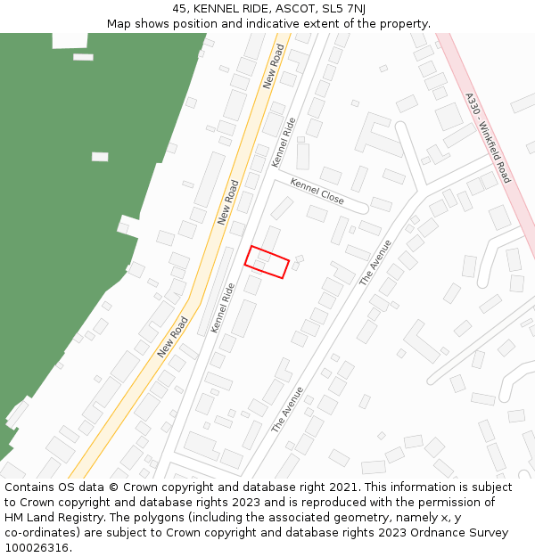 45, KENNEL RIDE, ASCOT, SL5 7NJ: Location map and indicative extent of plot