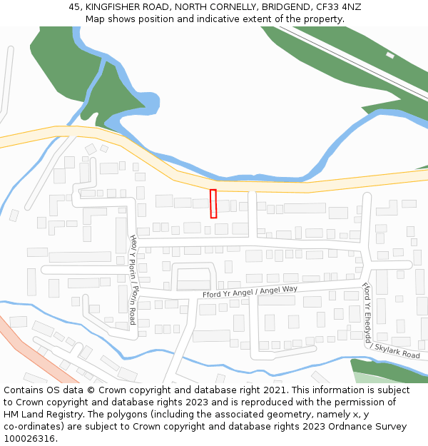 45, KINGFISHER ROAD, NORTH CORNELLY, BRIDGEND, CF33 4NZ: Location map and indicative extent of plot