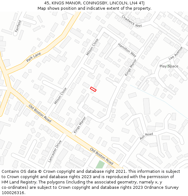 45, KINGS MANOR, CONINGSBY, LINCOLN, LN4 4TJ: Location map and indicative extent of plot
