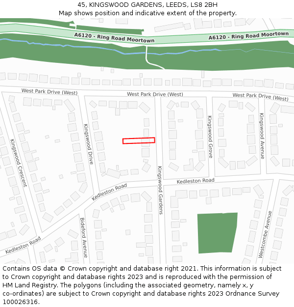 45, KINGSWOOD GARDENS, LEEDS, LS8 2BH: Location map and indicative extent of plot