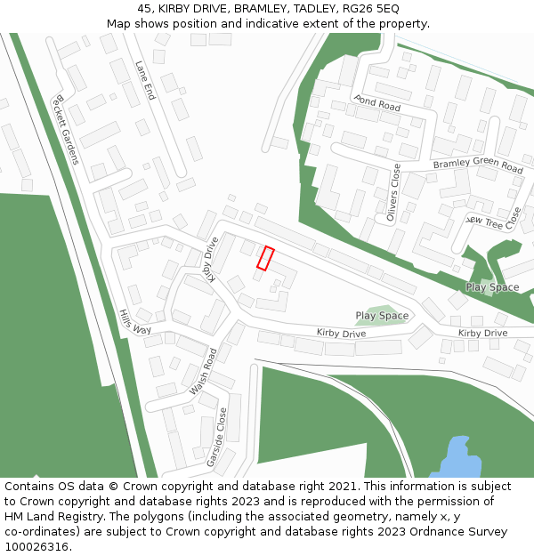 45, KIRBY DRIVE, BRAMLEY, TADLEY, RG26 5EQ: Location map and indicative extent of plot