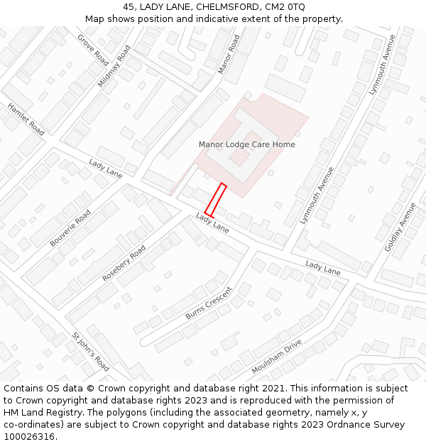 45, LADY LANE, CHELMSFORD, CM2 0TQ: Location map and indicative extent of plot