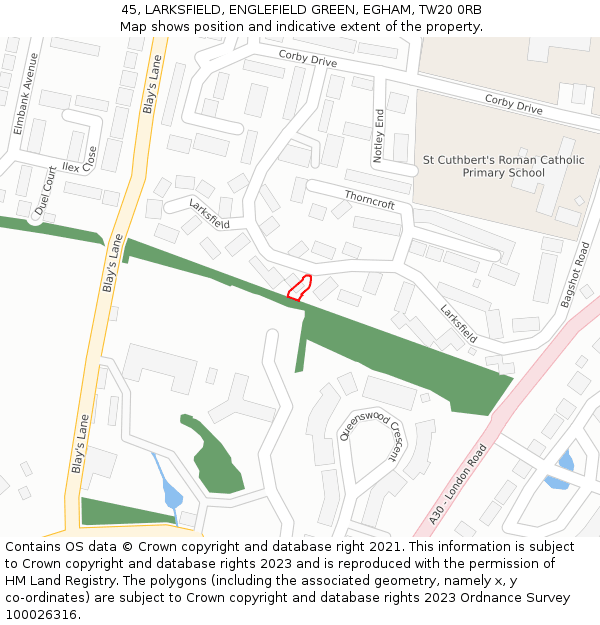 45, LARKSFIELD, ENGLEFIELD GREEN, EGHAM, TW20 0RB: Location map and indicative extent of plot