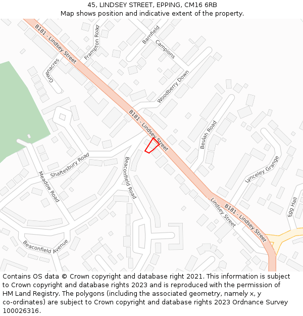 45, LINDSEY STREET, EPPING, CM16 6RB: Location map and indicative extent of plot