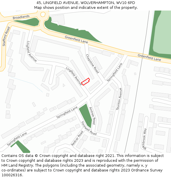45, LINGFIELD AVENUE, WOLVERHAMPTON, WV10 6PD: Location map and indicative extent of plot